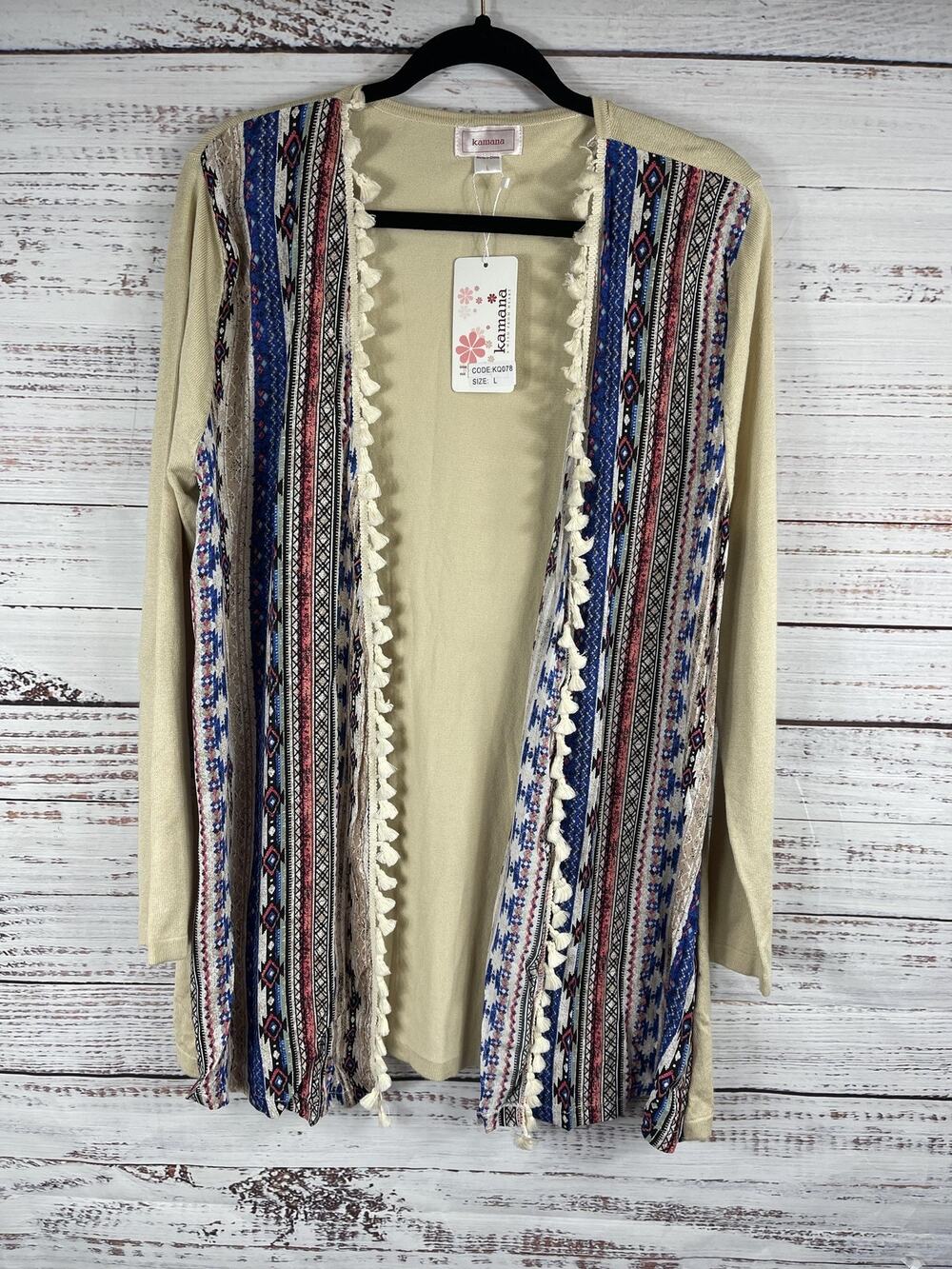 Kamana Cardigan Womens SZ L Boho Southwestern Tassel Open Front Lightweight Swe